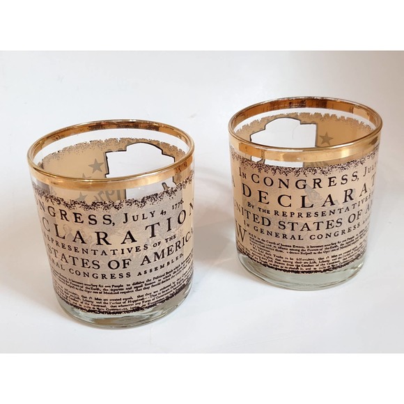 Vintage American Bicentennial 1776-1976 Rock Lowball Glasses, Set of 2 Gold Rim - Picture 6 of 10